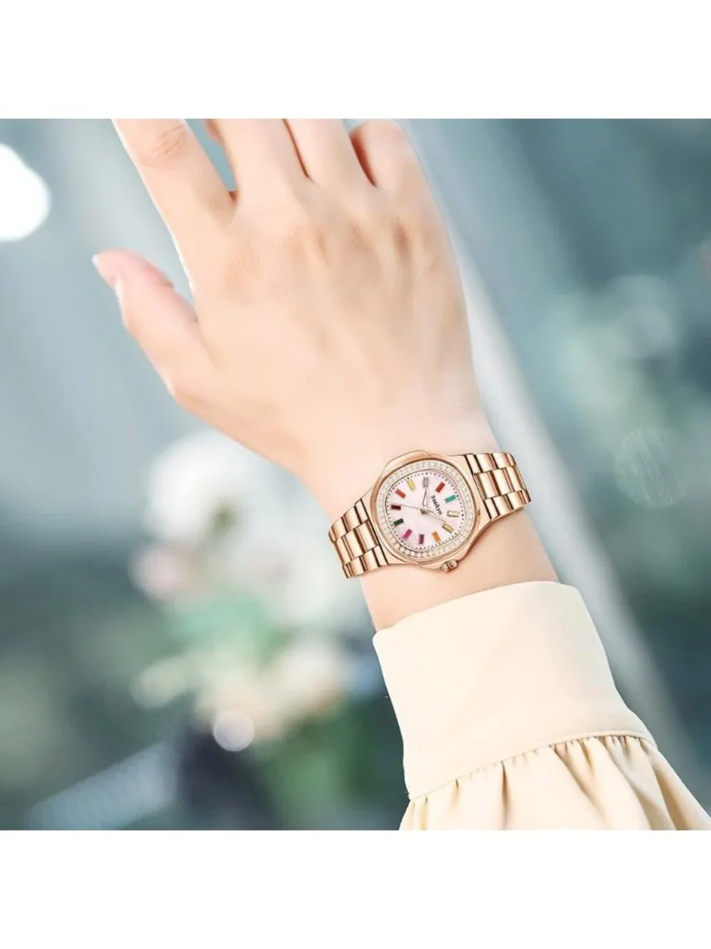 Women's Rose Gold Crystal Accented Solid Stainless Steel Band Dress Wrist Watch